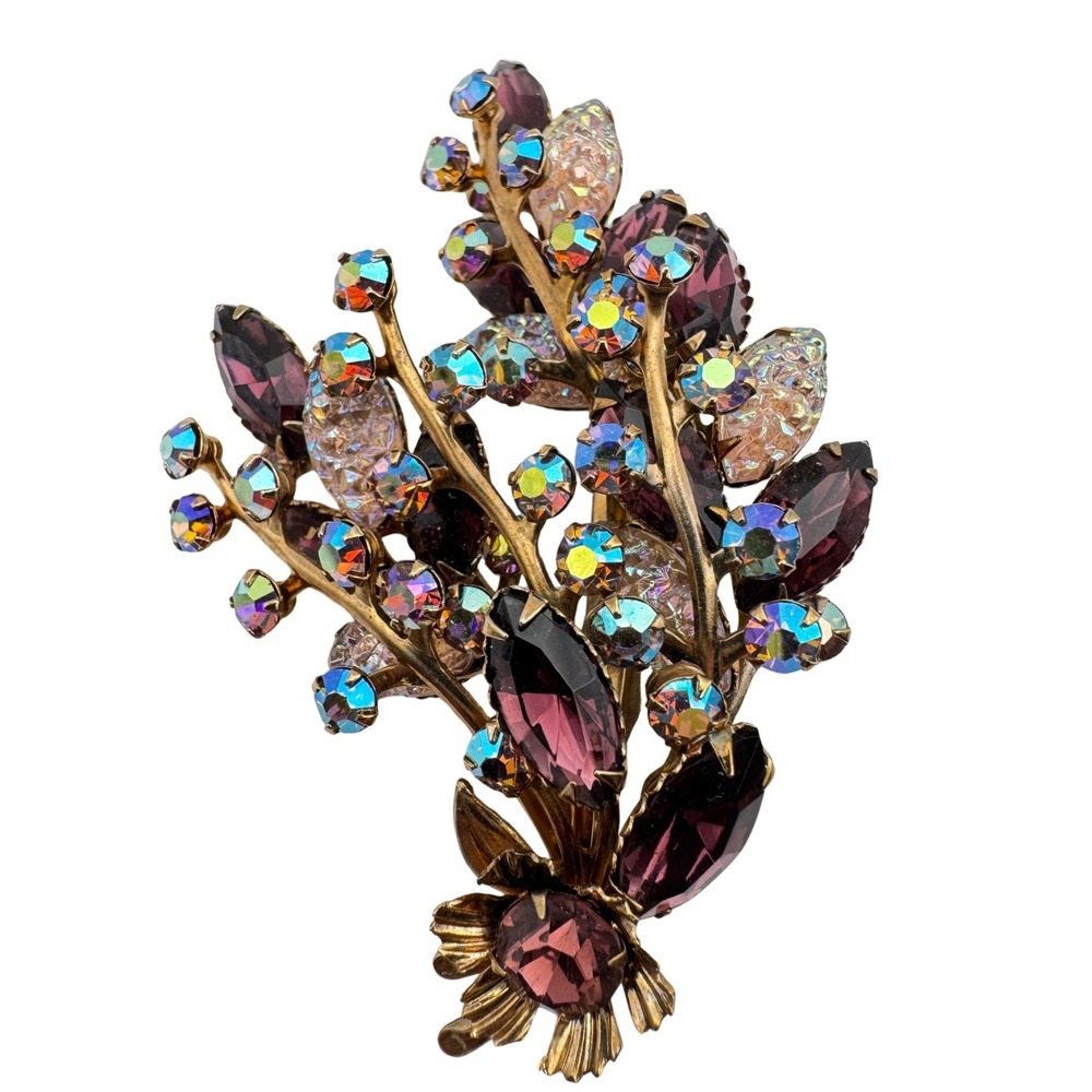 Vintage Flower Brooch Purple AB Rhinestone Floral Spray Aurora Borealis